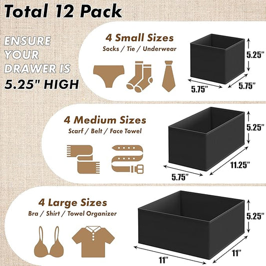 SIMPLE HOUSEWARE Foldable Drawer Organizer for Clothes/Underwear/Panty/Onesie Stocking Bin, Set of 12, Black