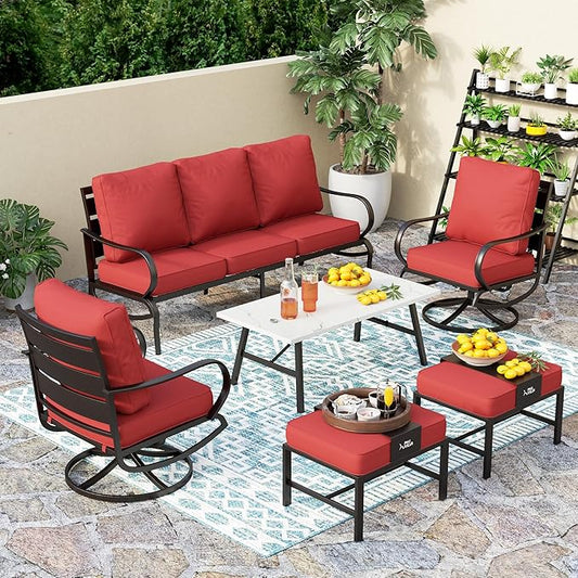 PHI VILLA 6 Piece Patio Furniture Sets with 1 x 3-Seat Deep Seating Bench, 2 x Cushioned Swivel Sofa Chairs, 1 x Coffee Table & 2 Ottoman, Outdoor Metal Conversation Set for Lawn Garden Yard, Red