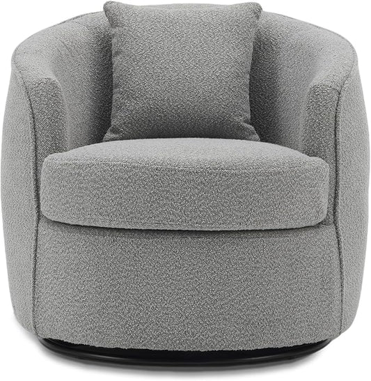 Swivel Accent Chair, Modern Upholstered Boucle Barrel Arm Chairs with Pillow for Living Room, 360 Degree Round Swivel Sherpa Armchair with Round Base for Bedroom Club (1, Grey)