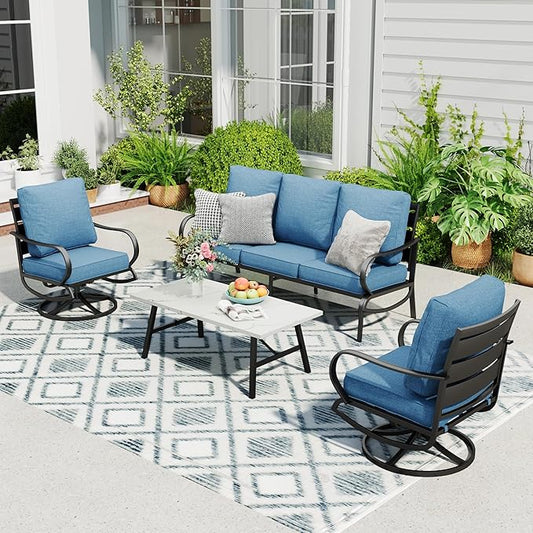 Sophia & William Patio Furniture Sets 5 Seats Outdoor Metal Conversation Sets 4 Pcs with 2 x Cushioned Swivel Sofa Chairs,1 x 3-Seat Sofa, 1x Marbling Metal Coffee Table Lawn Backyard Poolside Navy