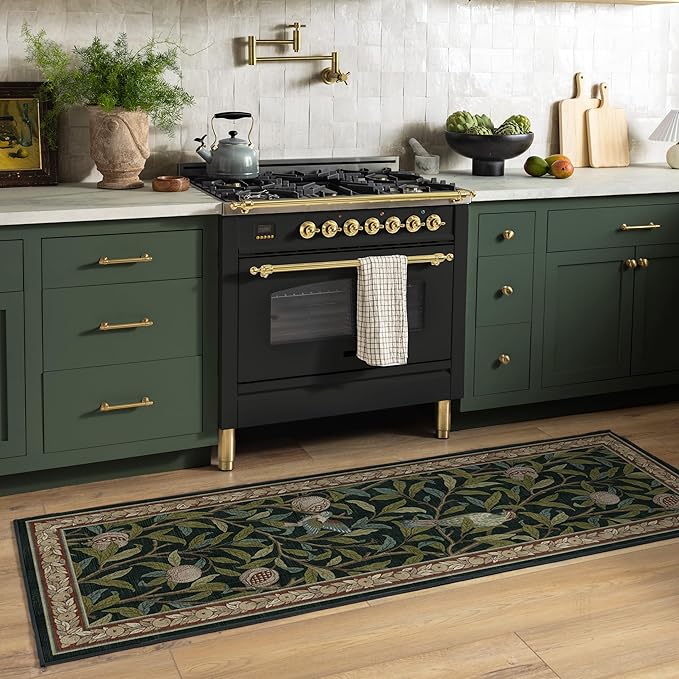 RUGGABLE x Morris & Co Machine Washable Runner Rug – Pomegranate Blue Green 2.5x7, Stain-Resistant, Non-Slip – Washable Rug for Hallway, Entryway, Living Room & Kitchen–with Standard Pad