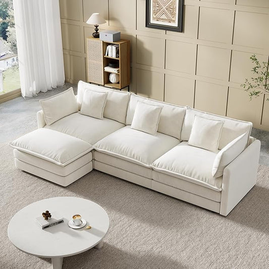 Modular Sectional Sofa, 111.5 Inch L-Shaped Cloud Sofa with Deep Seat Chenille Sofa with Cushions, Three-Self Sectional Sofa for Living Room Apartment,White