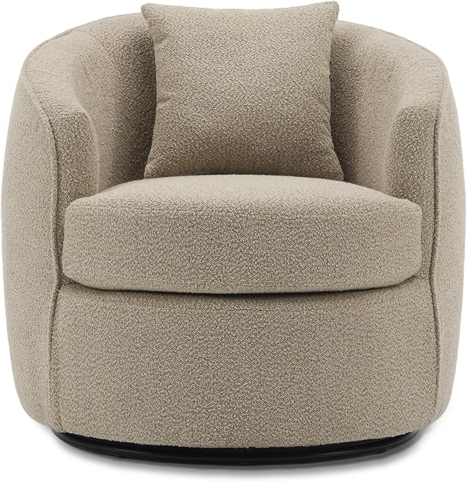 Swivel Accent Chair, Modern Upholstered Boucle Barrel Arm Chairs with Pillow for Living Room, 360 Degree Round Swivel Sherpa Armchair with Round Base for Bedroom Club (1, Light Brown)
