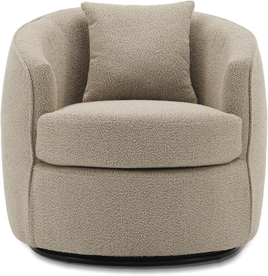 Swivel Accent Chair, Modern Upholstered Boucle Barrel Arm Chairs with Pillow for Living Room, 360 Degree Round Swivel Sherpa Armchair with Round Base for Bedroom Club (1, Light Brown)
