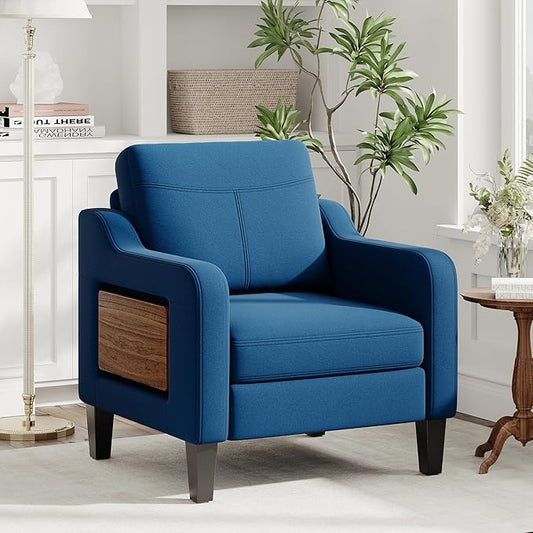 Accent Chair for Living Room Modern Linen Upholstered Armchair Side Wooden Fabric Sofa Chair with Foldable Table 2 Side Pockets Comfy Reading Chair for Bedroom