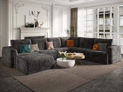 EASE MOOSE Sectional Cloud Couch Oversized for Living Room, 7-Seat Modular Boneless Sofa U-Shaped Sofa with Ottoman, No-Assembly Chenille Couch, Dark Grey