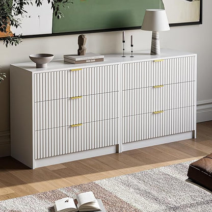 3-Piece Dresser Bedroom Set, 6 Drawer Dresser & 3 Drawer Nightstands with Gold Handles, Fluted Wood Chest of Drawers for Bedroom, Living Room, Entryway, White
