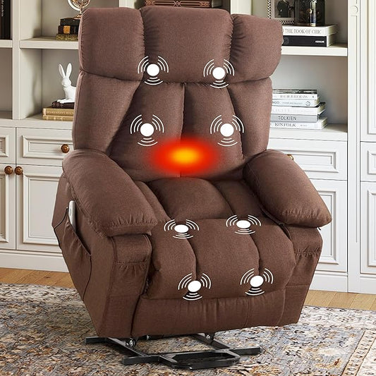Oversized Power Lift Recliner Chair for Elderly, Big and Tall Lift Chair with Massage and Heat for Living Room, Fabric Electric Recliner Chairs with 4 Side Pockets, USB Charge Port,Brown