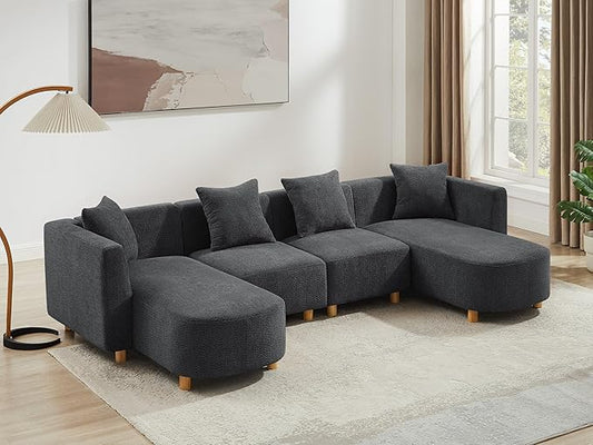 VANOMi 113" Sectional Sofa with 4 Pillows, U-Shaped 4-Seater Comfy Boucle Cloud Couch, Modern Double Chaises Lounge Sofas for Living Room, Office, Apartment (Dark Gray-U)