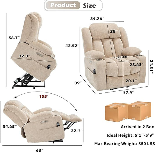 Power Lift Chair for Elderly, Electric Recliner Chair with 8-Point Vibration Massage and Lumbar Heating, Charging Ports, Cup Holders, Standing Assistance Reclining - Ivory White