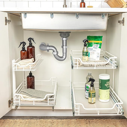Household Essentials Glidez Multipurpose Paint-Finished Steel Pull-Out/Slide-Out Storage Organizer for Under Cabinet Use - 2-Tier Design - Fits Standard Size Cabinet or Shelf, White