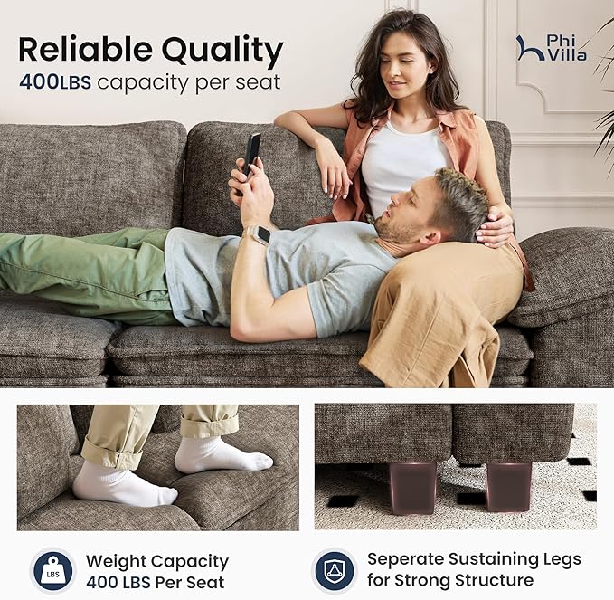 PHI VILLA Cloud Modular Couches Sets, 3 Pieces Large Sectional Sofa Set with Single Sofa, 5-Seater Upholstered Couch for Living Room, Chenille Fabric, Smoky Grey
