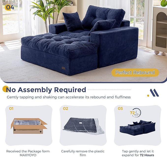 MAXYOYO Modular Sectional Chaise Lounge Sofa, Upholstered Lounge Chair with Ottoman, Comfy Couch with Layered Cushion, Tufted Upholstered Sleeper Chair for Living Room, No Assembly, Navy