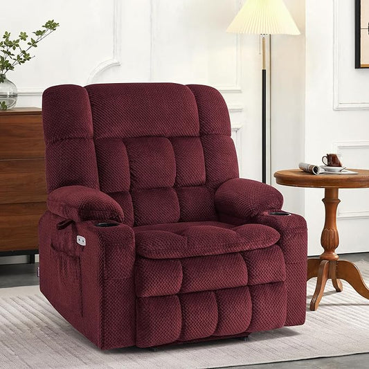 MCombo Dual Motor Power Lift Recliner Chair for Elderly, Lay Flat Lift Chair with Heat and Massage, Extra Wide Lift Recliner for Big People, Cup Holders, Fabric R7897 (Burgundy, Medium-Wide)
