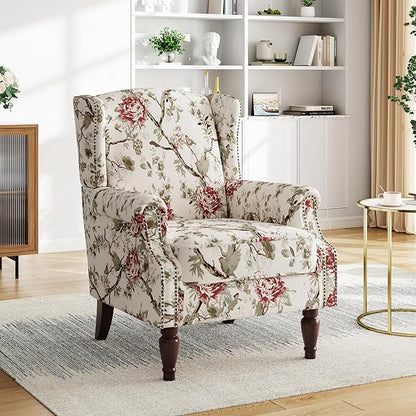 Pia Ricco High Back Floral Accent Chair - Retro Wingback Upholstered Armchair with Nailhead Trim, Solid Wood Legs, Fabric Living Room Bedroom Reading Chair (Flower Beige)