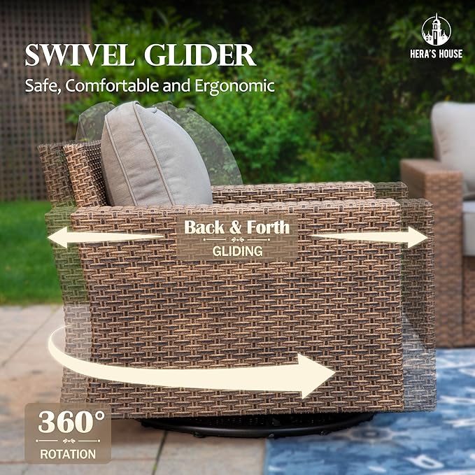 HERA'S HOUSE Patio Furniture Conversation Set with 4.92" Widened Armrest, Swivel Glide Chairs with 5.5" Thick Cushions, Gray Outdoor Wicker Sofa Set, 4 Pieces 5 Seats