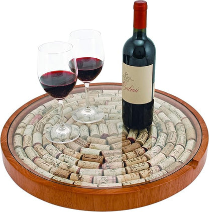 True Wine Cork Collector Lazy Susan Turntable, Wooden and Glass Storage for 130 Corks, Tabletop or Countertop Organization, Set of 1