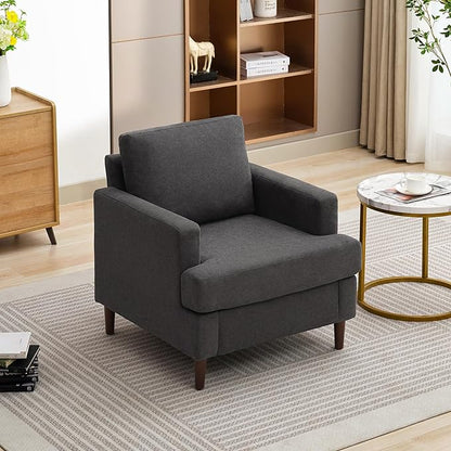 Mid-Century Accent Chair,Modern Linen Fabric Armchair for Living Room,Comfy Upholstered Reading Accent Chairs for Bedroom,Single Sofa Chair with Wood Legs (Dark Grey, 1 Pack)