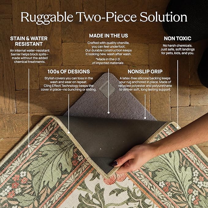 RUGGABLE Washable Area Rug – Kamran Rose Pink 10x14, Stain-Resistant, Non-Slip – Large Machine Washable Rugs for Living Room, Bedroom, Hallway, Entryway & Office–with Cushioned Pad