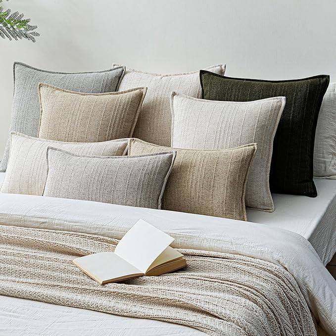 a moment Linen Pillow Covers Set of 2,Boho Farmhouse Throw Pillowcases Neutral Textured Decorative Covers for Couch Sofa Bed, Soft Linen Blend Accent Case Cushion Living Room Home Decor 20"x12"Khaki