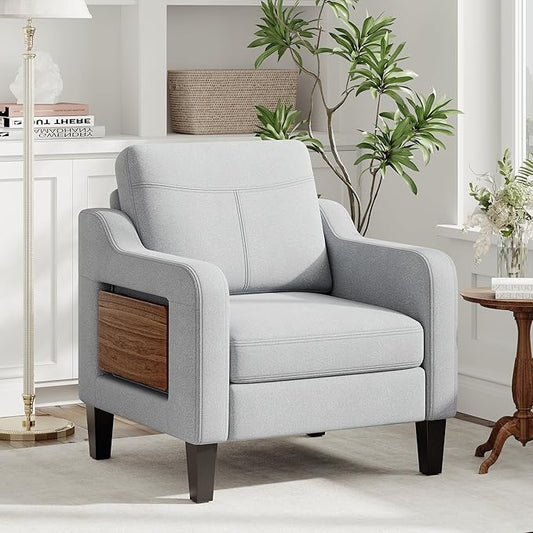 Accent Chair for Living Room Modern Linen Upholstered Armchair Side Wooden Fabric Sofa Chair with Foldable Table 2 Side Pockets Comfy Reading Chair for Bedroom
