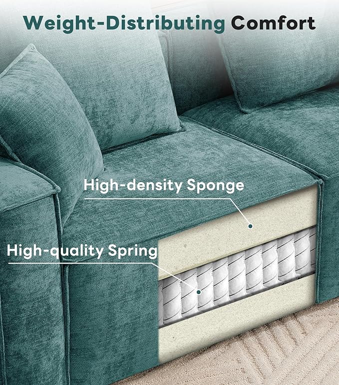 WILLOVE Modular Sectional Sofa Set, Chenille Cloud Couch with Wide Armrests & 8 Pillows, Deep Seat Couches for Living Room, 4-Seater Green
