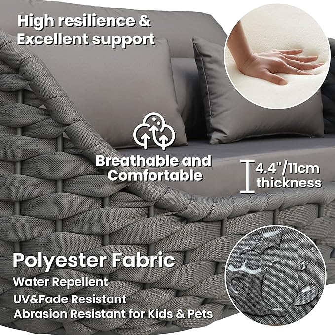 Cushioned Outdoor Patio Furniture Set: 6 Pieces Aluminum Porch Conversation Sofa Set - Modern Hand Woven Rope Deck Couch Set - Assembled All Weather for 661lbs Garden Yard Pool Hotel, Dark Gray