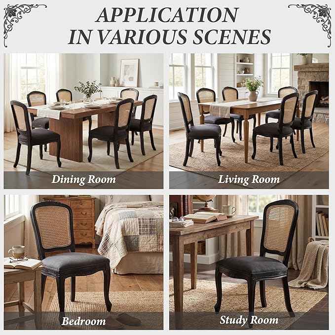 Wicker Dining Chairs Set of 6, Upholstered Linen Fabric Dining Room Chairs with Square High Rattan Back Farmhouse French Kitchen Chairs for Dining Table/Living Room/Restaurant, Black