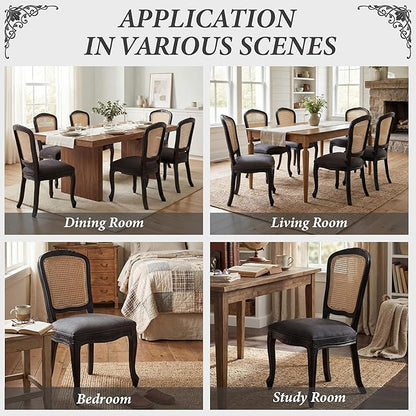 Wicker Dining Chairs Set of 4, Upholstered Linen Fabric Dining Room Chairs with Square High Rattan Back Farmhouse French Kitchen Chairs for Dining Table/Living Room/Restaurant, Black