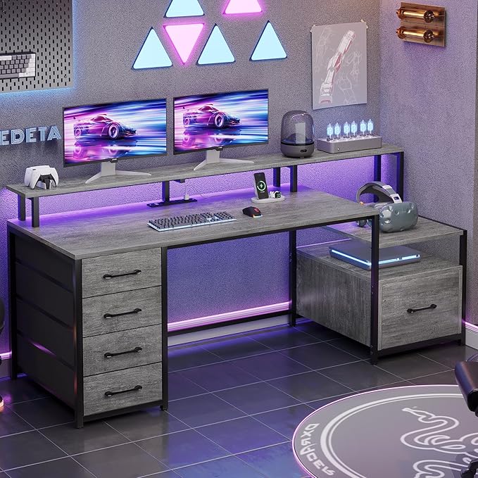 SEDETA Home Office Desk with File Drawer & Power Outlet, 66'' Computer Desk with 5 Drawer, Storage Shelves, Printer Cabinet and Monitor Shelf, Gaming Desk with Led Lights, Grey