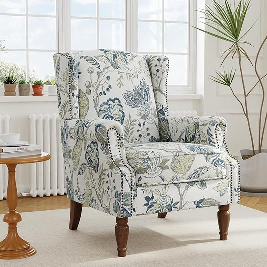 Accent Chair, Upholstered High Back Floral Armchair with Nailhead Trim & Wood Legs, Comfy Wingback Reading Single Sofa Chair for Small Spaces, Living Room, Bedroom ( Plants Blue Floral, Set of 1)