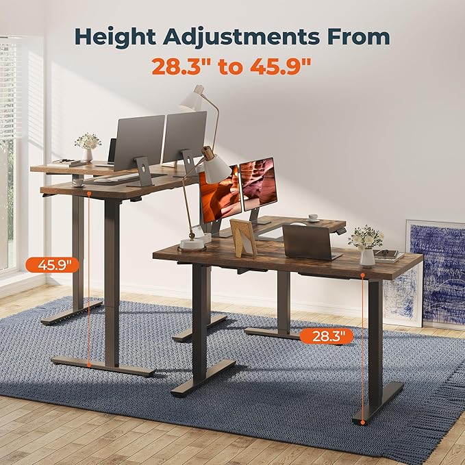 L-Shaped Standing Desk, 63 x 55 Inches Height Adjustable Desk, Sit and Stand up for Work Office Home, Ergonomic Rising Computer Table for Home Office with Splice Board, Rustic Brown