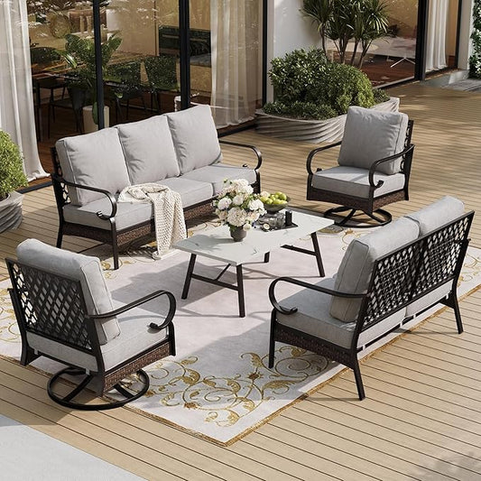 5 Piece Metal Outdoor Patio Furniture Set, Patio Conversation Sets 1 3-Seater Sofa, 2-Seater Sofa, 2 Swivel Sofa with 5.75" Cushion & Coffee Table Black Backyard Furniture, Light Gray