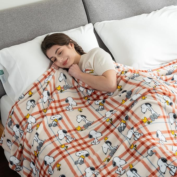 Berkshire Blanket Peanuts® VelvetLoft® Cute Character Snoopy Plush Blanket,Snoopy and Woodstock Wood Holiday Plaid Medium Tan,Full/Queen 90 in x 90 in (Official Peanuts® Product)
