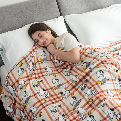 Berkshire Blanket Peanuts® VelvetLoft® Cute Character Snoopy Plush Blanket,Snoopy and Woodstock Wood Holiday Plaid Medium Tan,King 90 in x 108 in (Official Peanuts® Product)