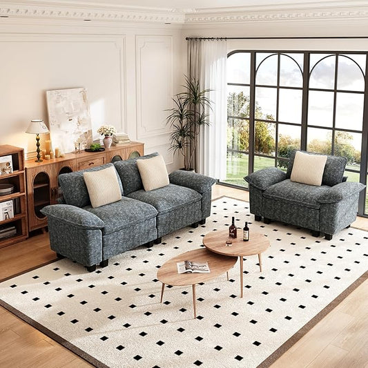 PHI VILLA Cloud Modular Couches Sets, 2 Pieces Sectional Sofa Set with Loveseat, 3-Seater Comfy Couch for Living Room Apartment, Chenille Fabric, Dark Cyan