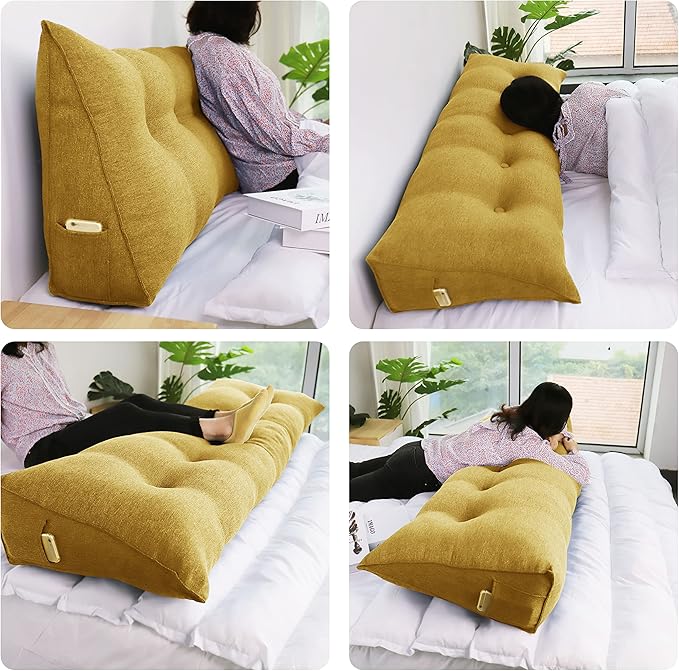WOWMAX Headboard Pillow Queen Triangular Bed Wedge Pillow for Headboard Wedge Pillow Headboard for Daybed Bunk Bed Large Bolster Pillow for Bed with Removable Cover, Gifts for Mom Yellow