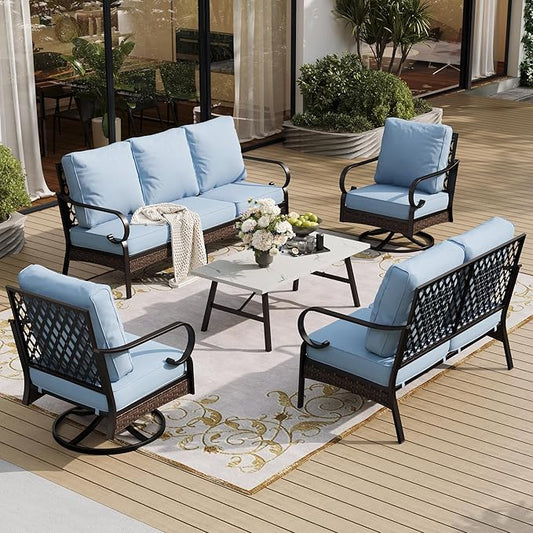 5 Piece Metal Outdoor Patio Furniture Set, Patio Conversation Sets 1 3-Seater Sofa, 2-Seater Sofa, 2 Swivel Sofa with 5.75" Thick Cushion & Coffee Table Black Backyard Furniture, Blue