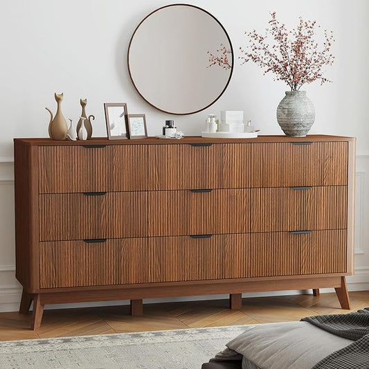 SUNWAVE Fluted 9 Drawer Dresser for Bedroom, 59.1" Wide Modern Large Dresser with Round Corner, Wood Drawer TV Stand for Living Room