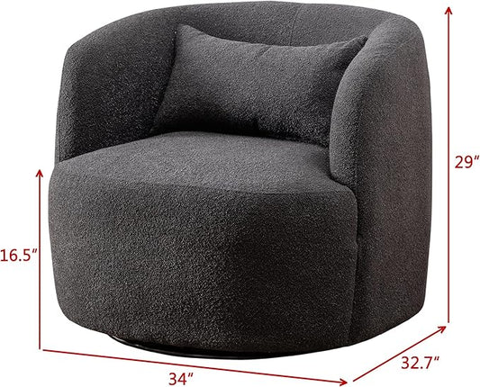KINWELL 34" Wide Boucle Swivel Barrel Chairs Set of 2, No Assembly Round Upholstered Armchairs Accent Chairs Single Sofa Chair with Toss Pillow for Living Room and Bedroom, Dark Grey