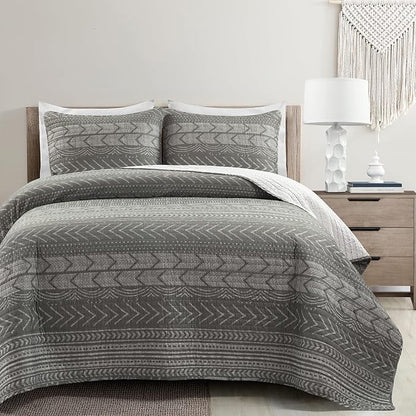 Lush Decor Hygge Geo Pattern Striped 3 Piece Quilt Bedding Set, King, Charcoal