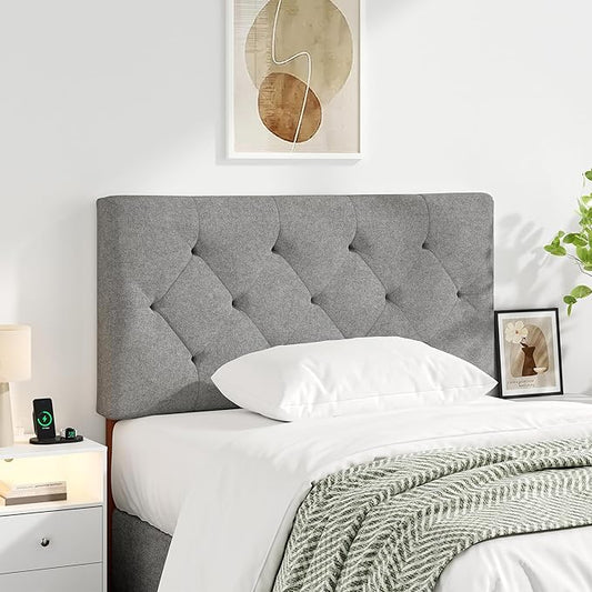 Upholstered Twin Headboard, Twin Headboard Only for Bed Frame from 27”-41”, Adjustable Height Twin XL Headboard with Durable Wood Legs, Fabric Bed Headboard in Modern Button Design, Light Grey