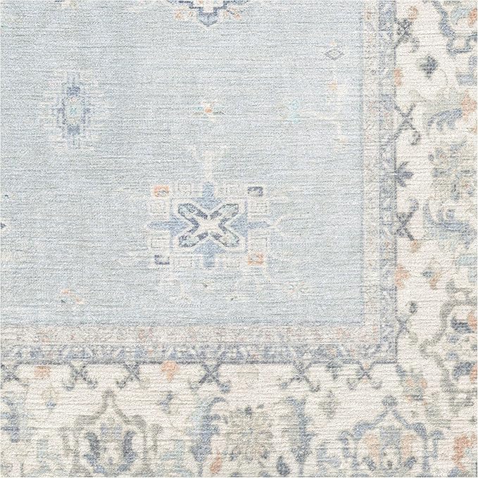RUGGABLE Washable Vintage Area Rug – Verena Soft Blue 8 ft Round, Stain-Resistant, Non-Slip – Large Machine Washable Rugs for Living Room, Bedroom, Hallway, Entryway & Office–with Cushioned Pad