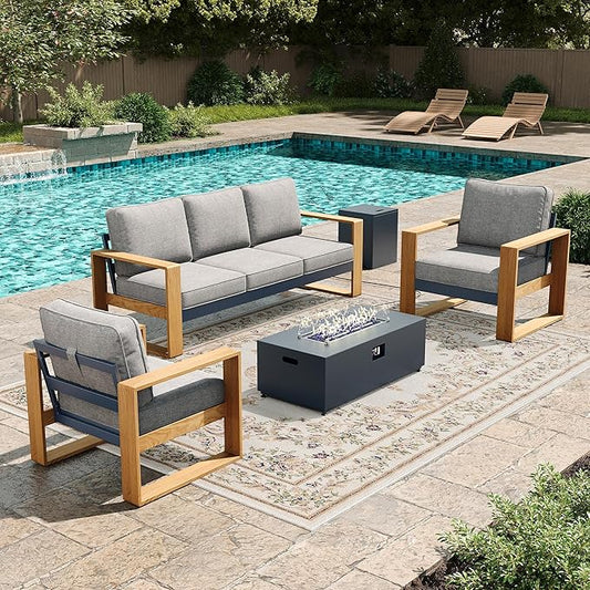 LayinSun 4 Pieces Aluminum Patio Furniture Set with Fire Pit Table, Oversized Seat with Hight Back, Outdoor Conversation Sets for Porch, Balcony, Deck