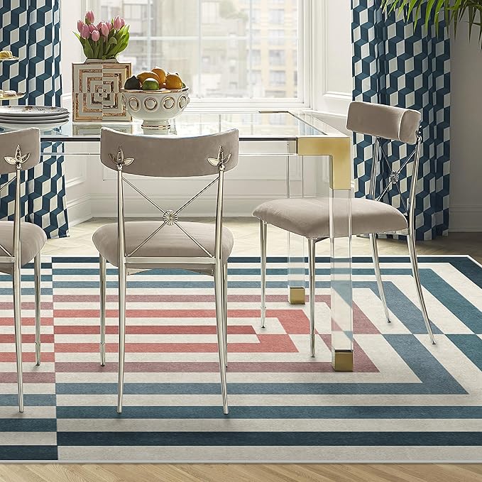 RUGGABLE x Jonathan Adler Washable Modern Area Rug – Op Art Teal 8x10, Stain-Resistant, Non-Slip – Large Machine Washable Rugs for Living Room, Bedroom, Hallway, Entryway & Office–with Standard Pad