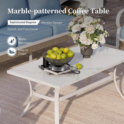6 Piece Metal Outdoor Patio Furniture Set, Patio Conversations Set 3-Seater Sofa, 2-Seater Sofa, 2 Rocking Chair with 5.75" Thick Cushion & Coffee Table White Backyard Furniture, Blue
