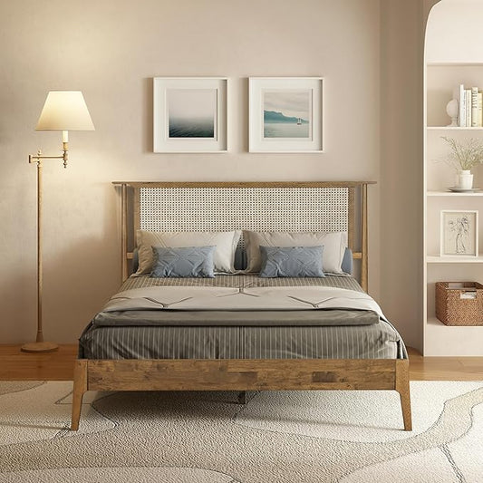 NTC Ruby Wooden Bed Frame with Headboard and Natural Rattan, Solid Oak/Rubber Wood Foundation with Silent Slats, 1000 Lb Capacity, Effortless Assembly Queen - Teak Look