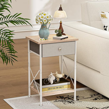 VECELO End Tables, Modern Nightstand with Fabric Drawer & Open Shelf, Night Stand for Bedroom Living Room, Industrial Metal Frame, Easy Assembly, Light Brown,1 Pack