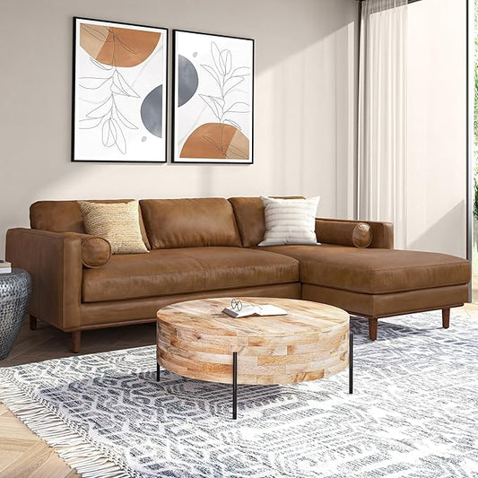 SIMPLIHOME Morrison Right Sectional Sofa in Full-Grain Genuine Leather, Caramel Brown, 102-inches Wide, L-Shaped Leather Couch with Right Chaise for the Living Room and Family Room