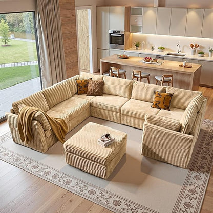 130'' Modern Modular Sectional Sofa with Ottoman, 8 Seater U Shaped Cloud Couch for Living Room, Oversized Deep Seat Convertible Sofa Set, Plush Corduroy Beige
